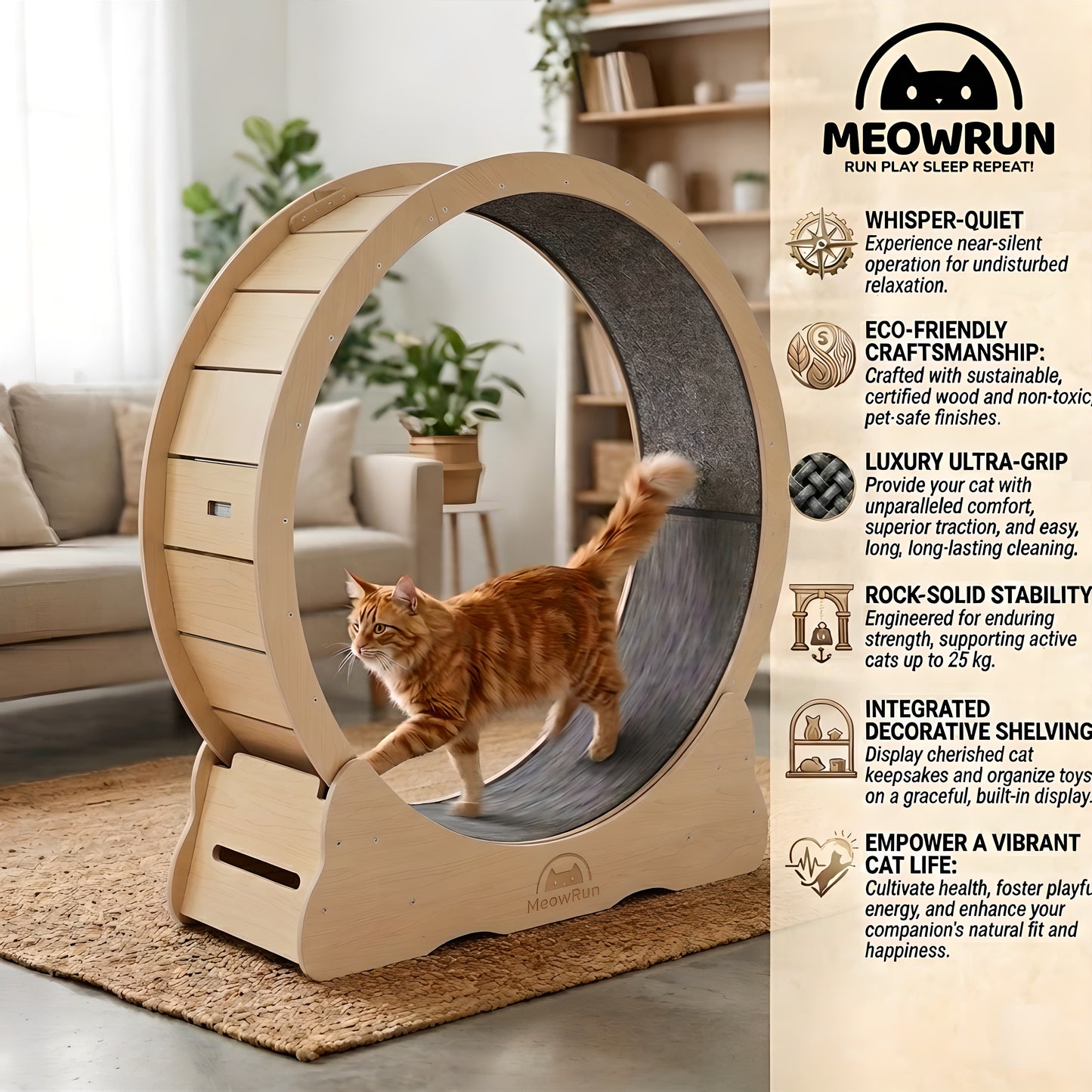 MeowRun™ Silent Wooden Cat Treadmill – Sustainable Indoor Exercise Wheel